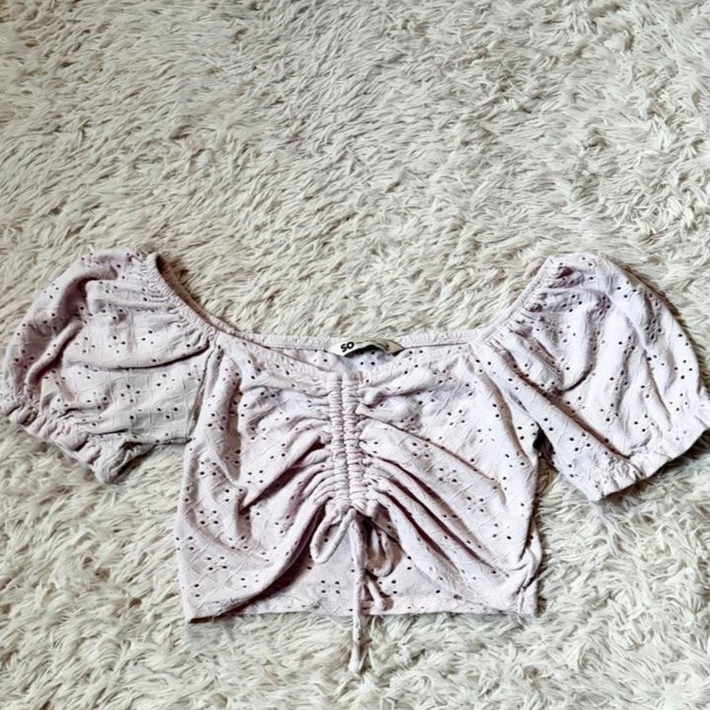 Baby Pink Milkmaid Eyelet Coquette Twee Ruched Crop Top Womens M Country Cowgirl